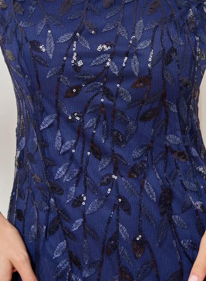 Styli  Women Navy Blue Embroidered Mesh A-Line Maxi Dress for Women | Best Price UAE